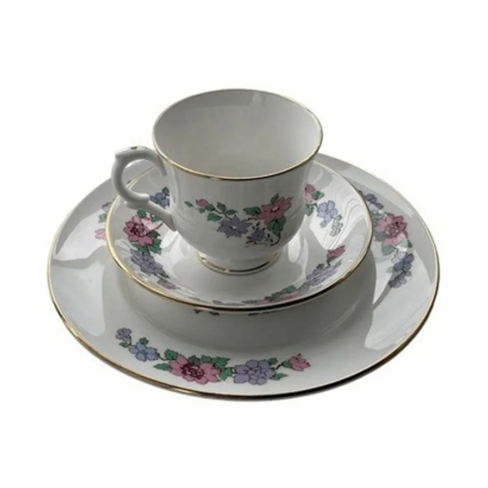Staffordshire Cathay Fine Bone China Trio Set Cup Saucer Plate Peacock Floral